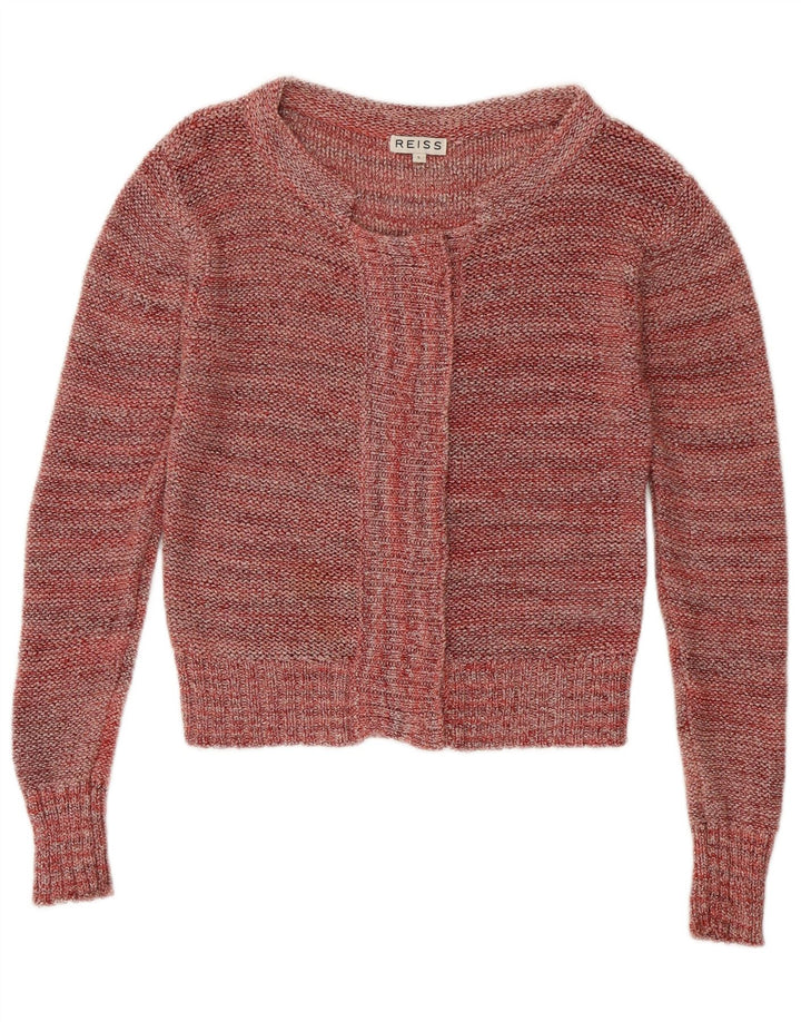 Maglione cardigan corto da donna REISS UK 10 piccolo cotone screziato bordeaux
