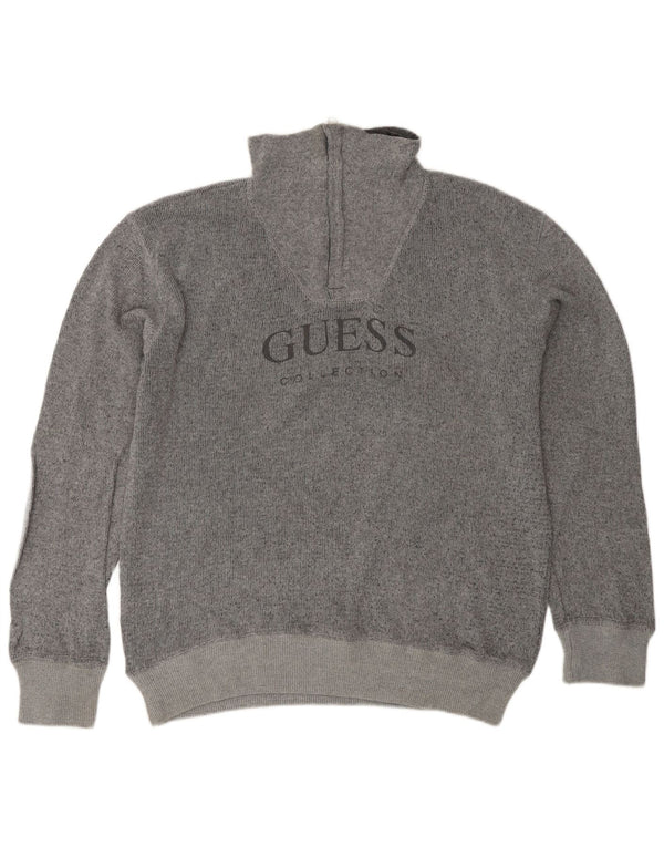 Guess Maglione da uomo con zip grafica e collo grande in cotone grigio