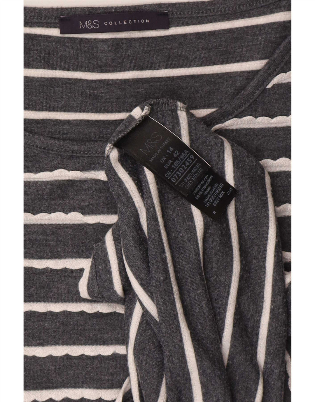 Marks & Spencer Top da donna manica 3/4 UK 14 viscosa a righe grigie grandi