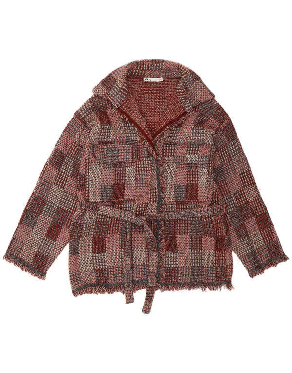 Maglione cardigan oversize da donna Zara UK 16 Acrilico a quadri bordeaux grandi