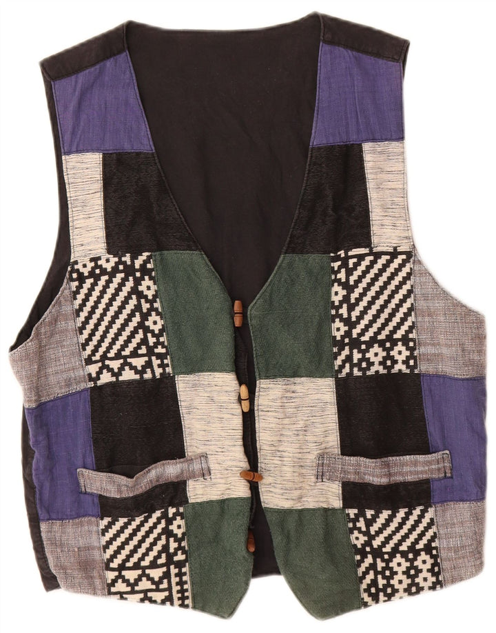 Gilet vintage da uomo grande in cotone patchwork multicolore bohémien