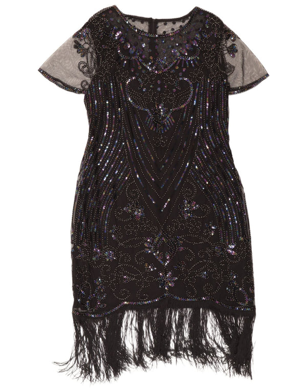 Abito Charleston vintage da donna con paillettes UK 22 3XL Poliestere floreale nero