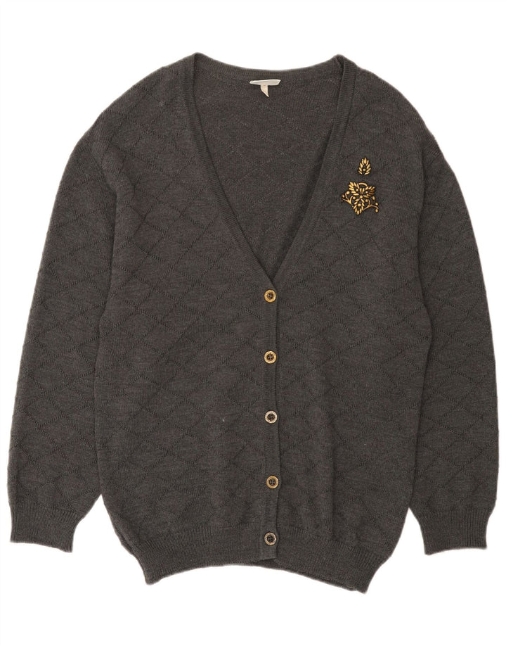 Maglione cardigan da donna vintage EU 46 XL grigio a quadri in poliacrilico