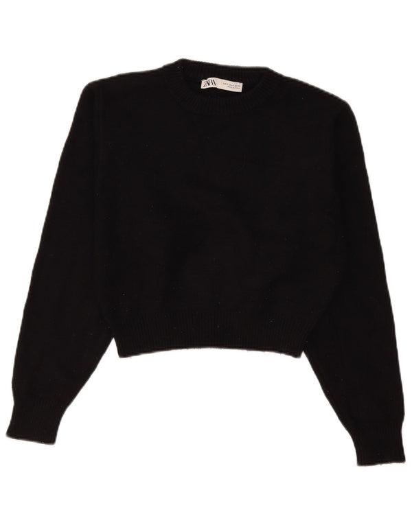 Zara Womens Crop Crew Neck Jumper Sweater UK 10 Small Black Viscose