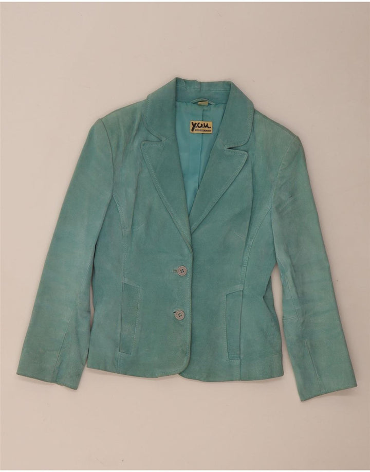 Giacca blazer in pelle scamosciata da donna a 2 bottoni VINTAGE UK 10 piccola in pelle turchese