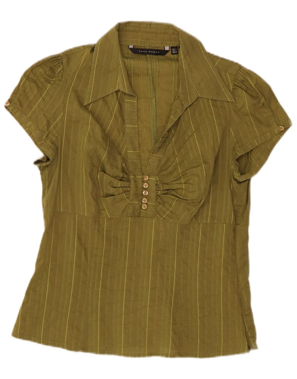 Maglia pullover a maniche corte da donna ZARA UK 14 cotone a righe grandi kaki