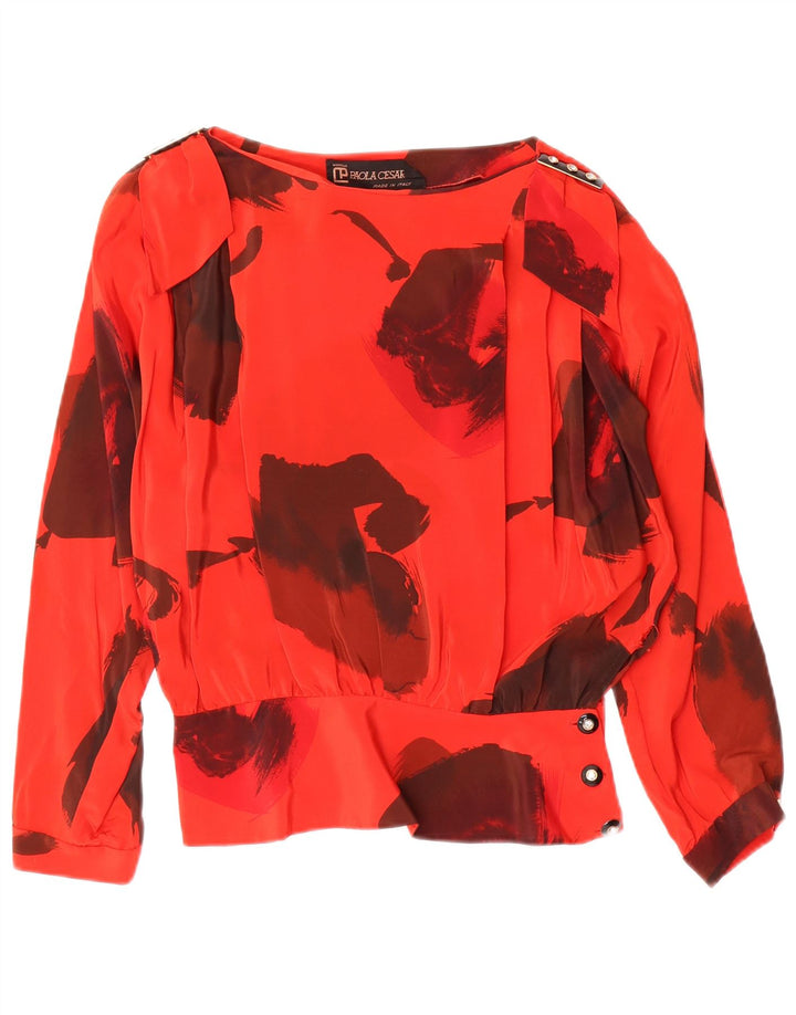 Top camicetta a maniche lunghe da donna vintage IT 42 Seta floreale rossa media