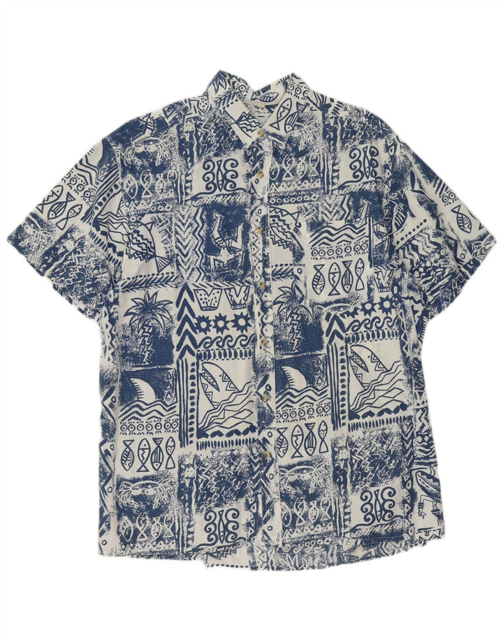 Camicia a maniche corte da uomo Mauritius grande hawaiana in cotone patchwork blu