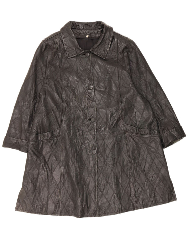 Cappotto in pelle vintage da donna UK 20 2XL Pelle nera a rombi/diamante