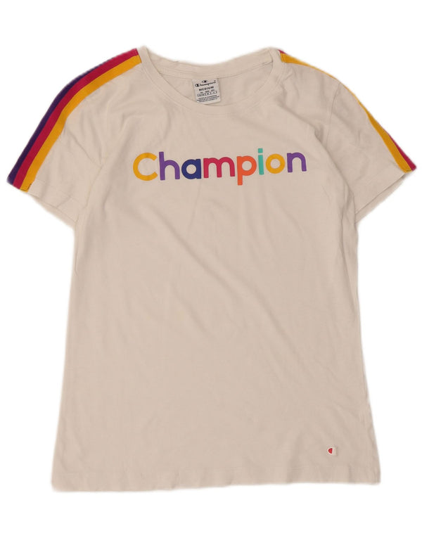 Champion Womens Graphic T-Shirt Top UK 12 Medium White Striped