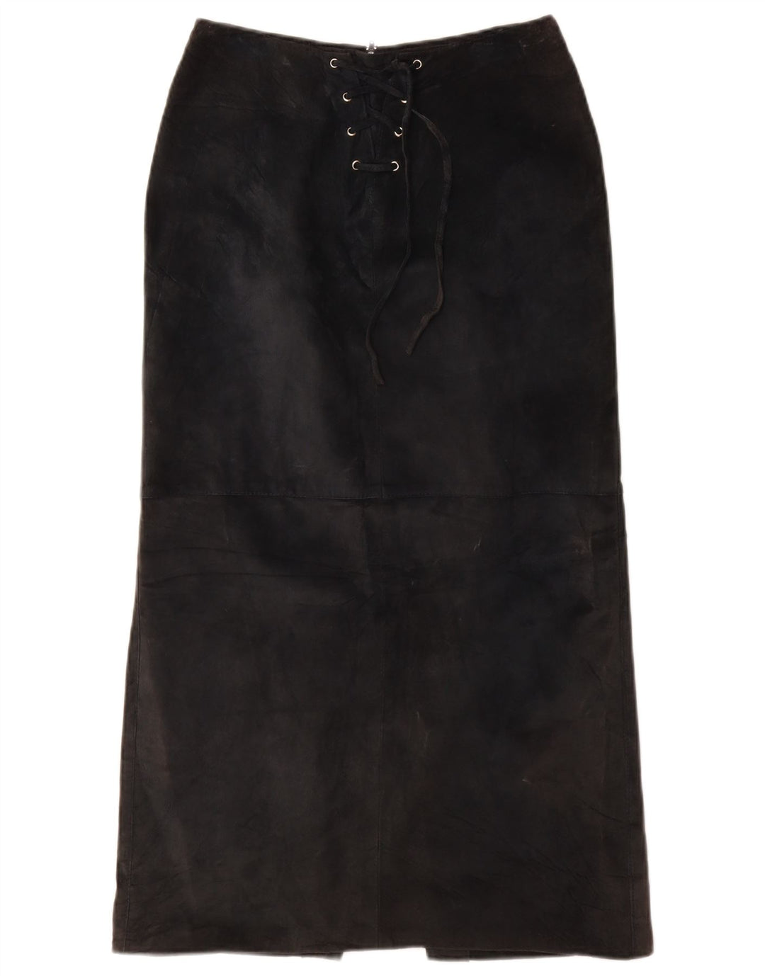 Gonna lunga da donna in pelle scamosciata VINTAGE UK 10 piccola W26 in pelle nera