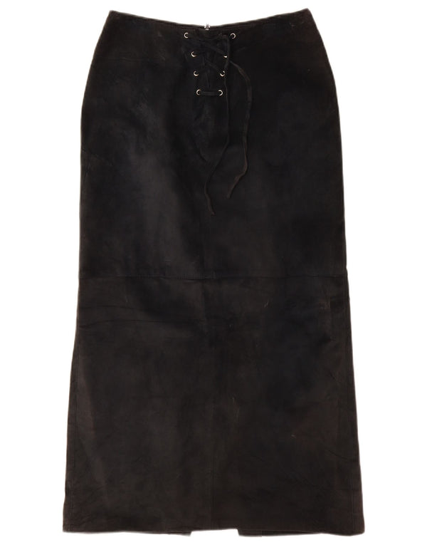 Gonna lunga da donna in pelle scamosciata VINTAGE UK 10 piccola W26 in pelle nera