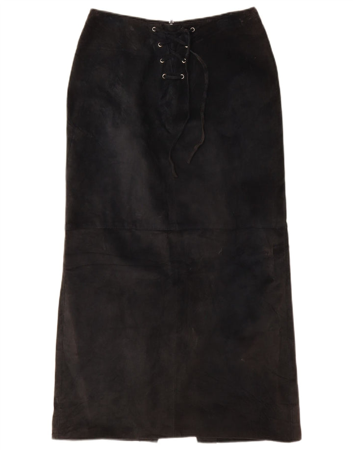 Gonna lunga da donna in pelle scamosciata VINTAGE UK 10 piccola W26 in pelle nera