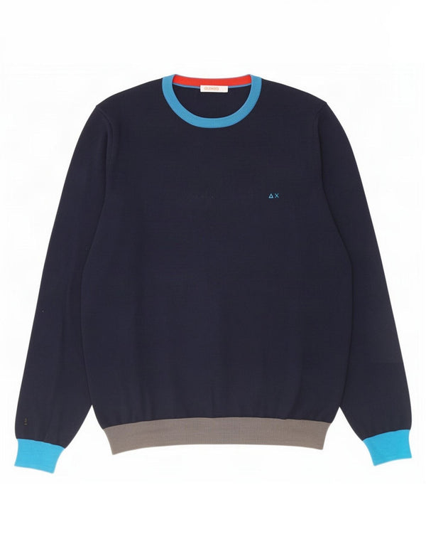 Sun68 Mens Crew Neck Jumper Sweater Large Navy Blue Colourblock Cotton