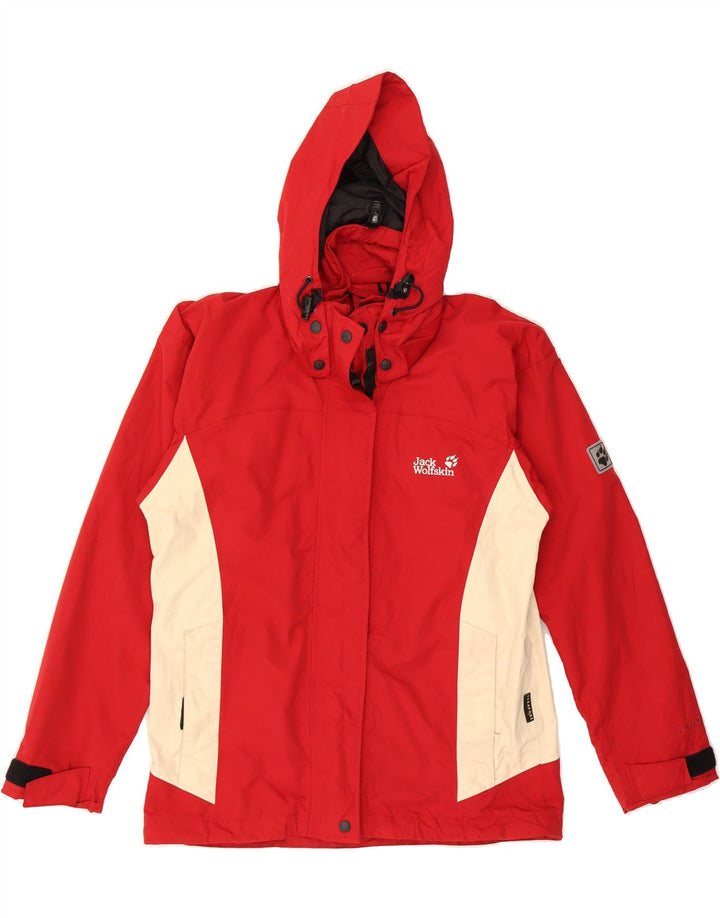 JACK WOLFSKIN Womens Hooded Rain Jacket UK 8 Small  Red Colourblock Vintage Jack Wolfskin and Second-Hand Jack Wolfskin from Messina Hembry 