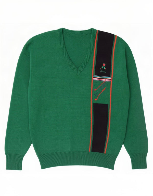 Maglione maglione da donna con scollo a V Pringle UK 16 Large Green Colourblock