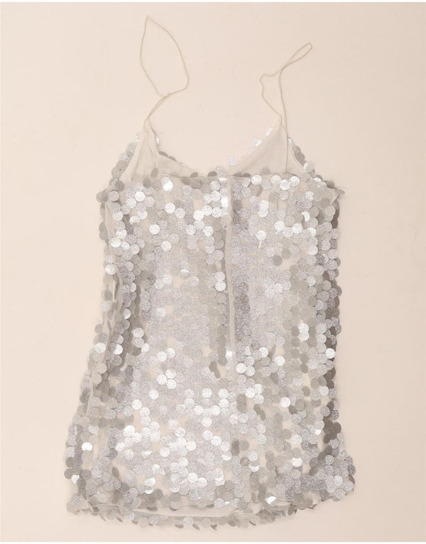 Canottiera vintage da donna UK 12 poliestere argento medio