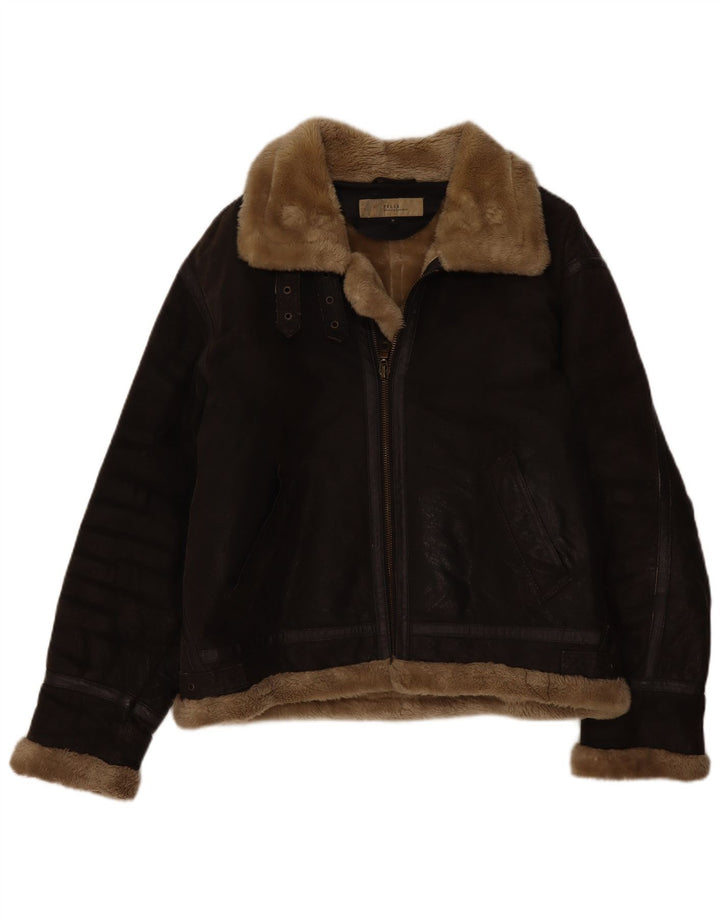 Giacca in shearling in pelle da uomo Bata UK 38 Pelle marrone medio