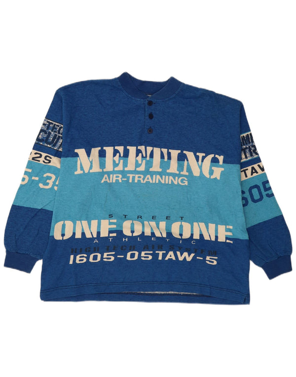 Top grafico da uomo vintage vestibilità ampia manica lunga grande blocco colore blu