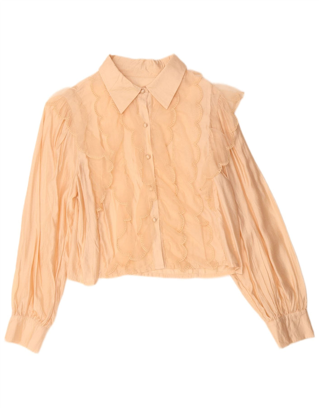 Camicetta da donna vintage corta con volant sul davanti UK 14 Viscosa beige medio