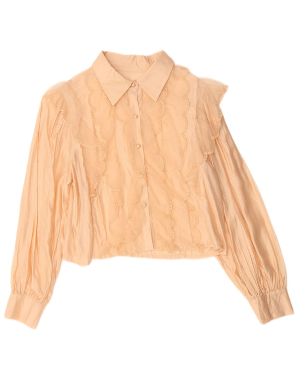 Camicetta da donna vintage corta con volant sul davanti UK 14 Viscosa beige medio