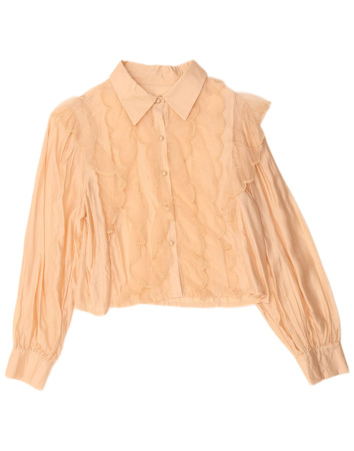 Camicetta da donna vintage corta con volant sul davanti UK 14 Viscosa beige medio