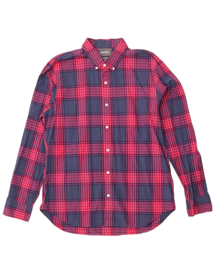 BONOBOS Camicia da uomo slim fit su misura XL in cotone a quadri blu navy