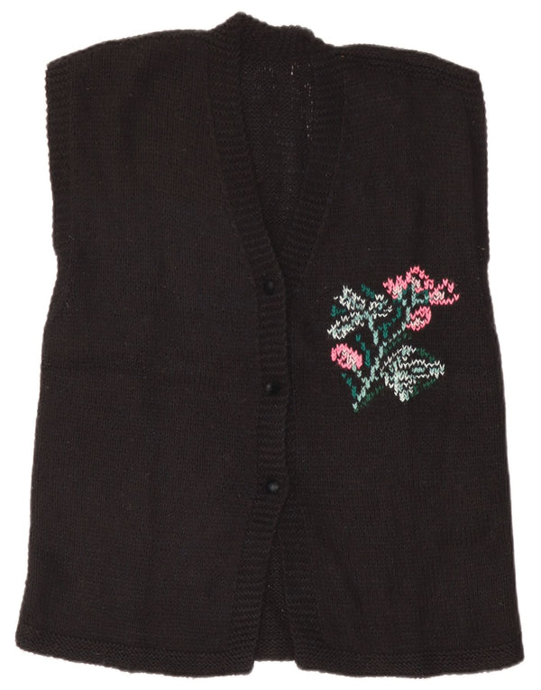 Maglione cardigan senza maniche con grafica vintage da donna UK 14 grande floreale nero