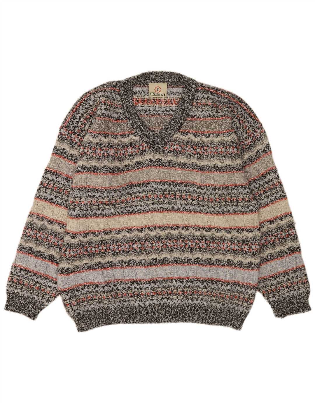 Maglione vintage da uomo con scollo a V XL in lana a righe grigie