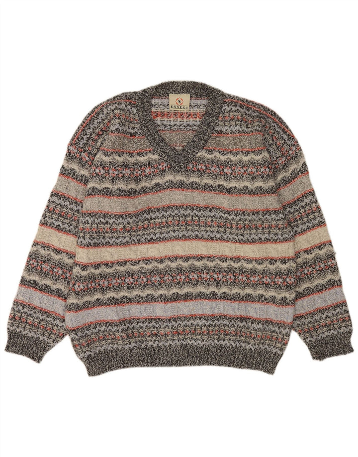 Maglione vintage da uomo con scollo a V XL in lana a righe grigie