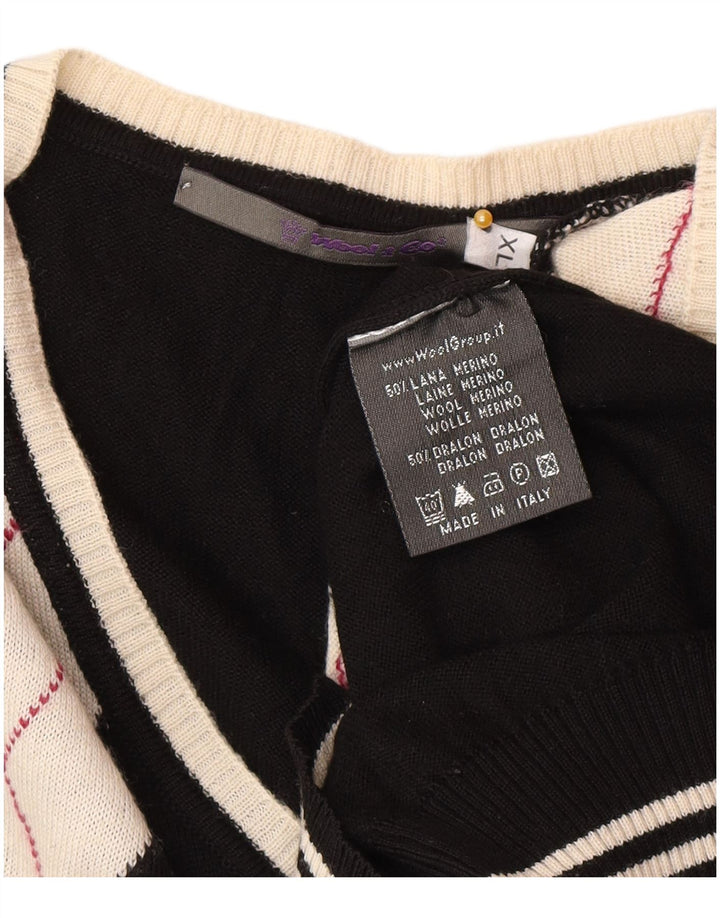 Maglione vintage da uomo con scollo a V XL nero a rombi/lana diamante