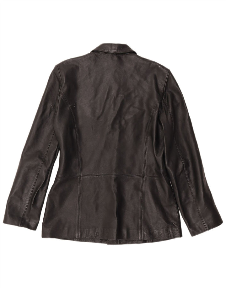 Giacca blazer in pelle vintage da donna a 3 bottoni UK 14 grande in pelle nera