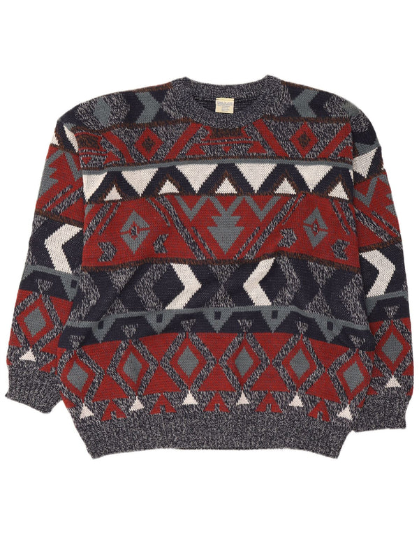 Maglione maglione girocollo vintage da uomo UK 46/48 2XL Blu navy geometrico