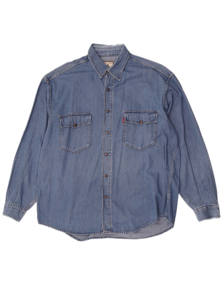 Camicia di jeans vintage da uomo grande in cotone blu