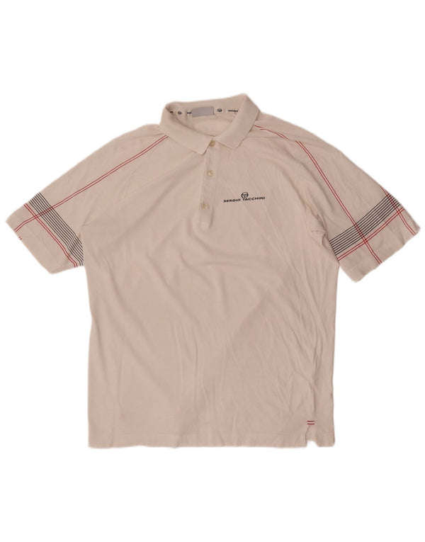 Sergio Tacchini Mens Polo Shirt Large White Striped Cotton