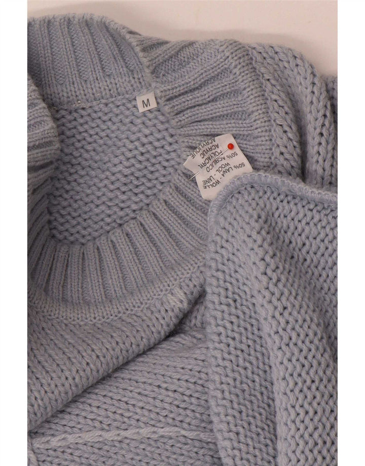 Maglione maglione collo alto da donna vintage UK 14 Lana floreale blu medio