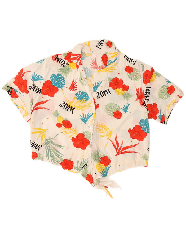 Camicetta da donna con cravatta frontale corta VINTAGE UK 16 grande floreale bianco