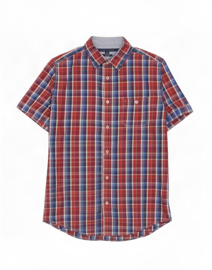 Camicia da uomo a maniche corte personalizzata Tommy Hilfiger in cotone a quadri rosso medio