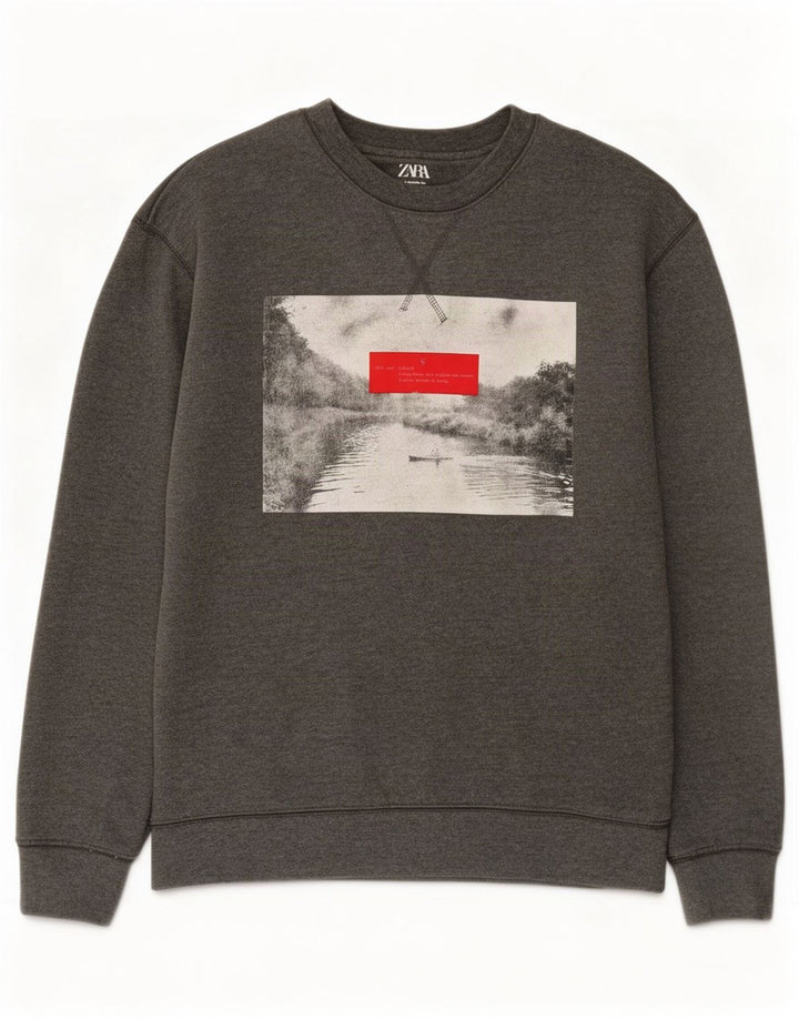 Felpa grafica da uomo Zara piccola in cotone grigio
