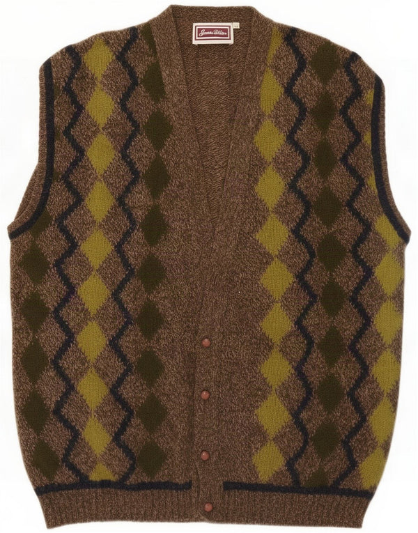 James Dillon Maglione cardigan senza maniche da uomo XL Khaki Argyle/Diamond