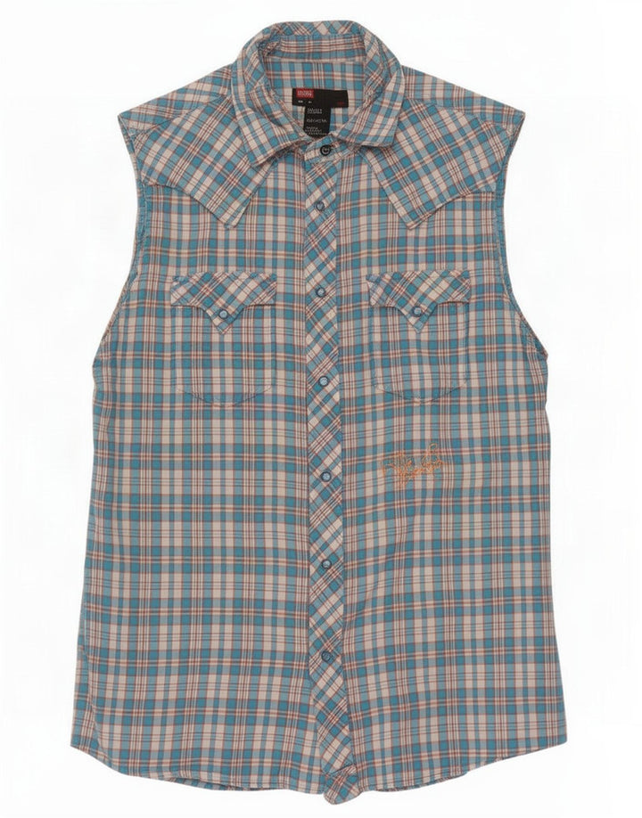 Camicia senza maniche grafica da uomo Diesel in cotone a quadri blu medio