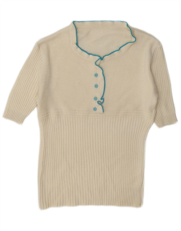 Maglione vintage da donna con collo dolcevita e volant UK 12 bianco medio