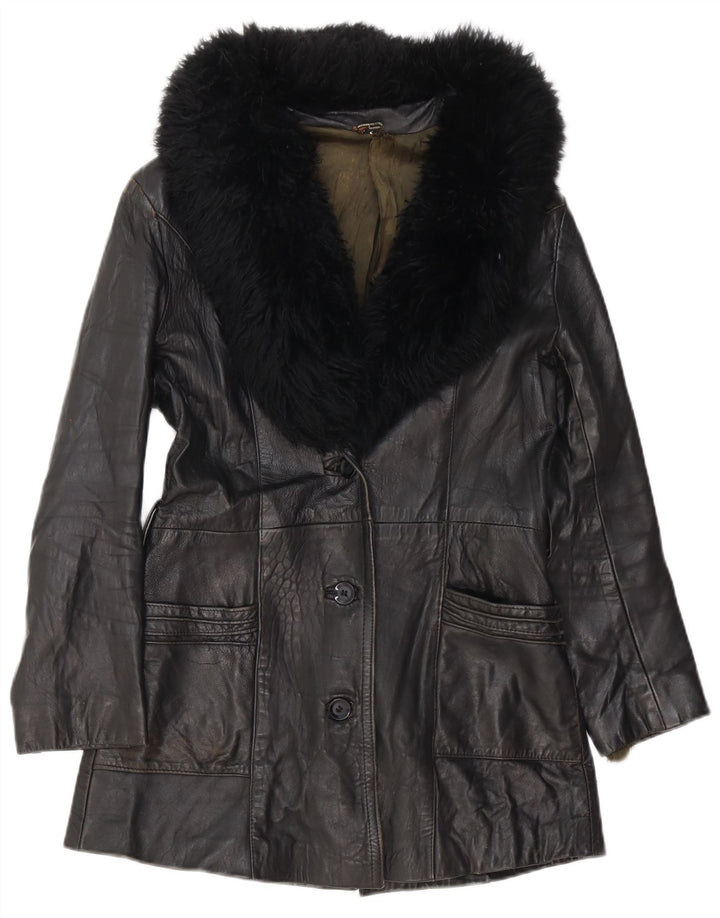 Cappotto in pelle vintage da donna UK 8 piccolo nero