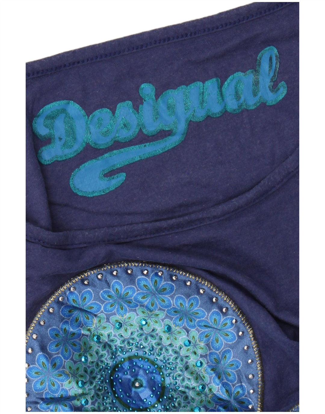 DESIGUAL T-shirt grafica da donna Top UK 12 Medium Blu Navy Floreale