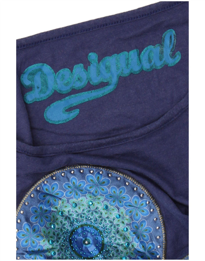 DESIGUAL T-shirt grafica da donna Top UK 12 Medium Blu Navy Floreale