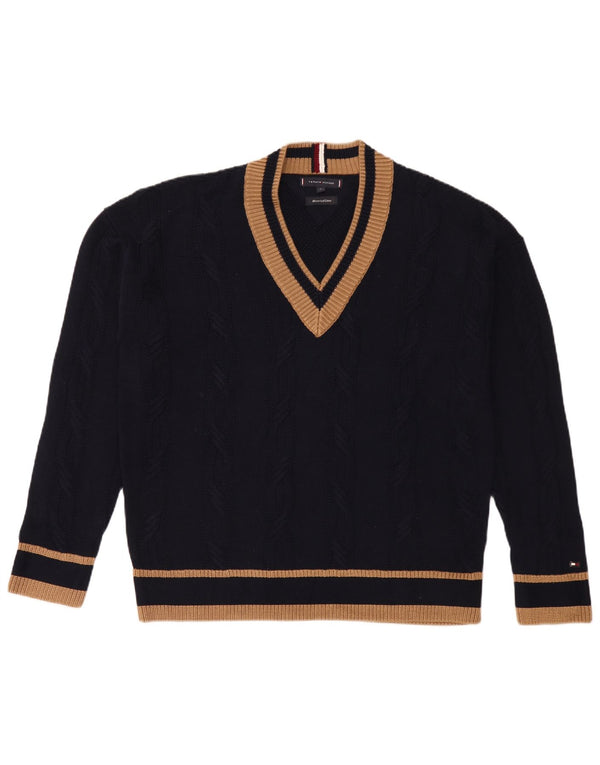 Maglione maglione con scollo a V da uomo Tommy Hilfiger cotone medio a righe blu navy