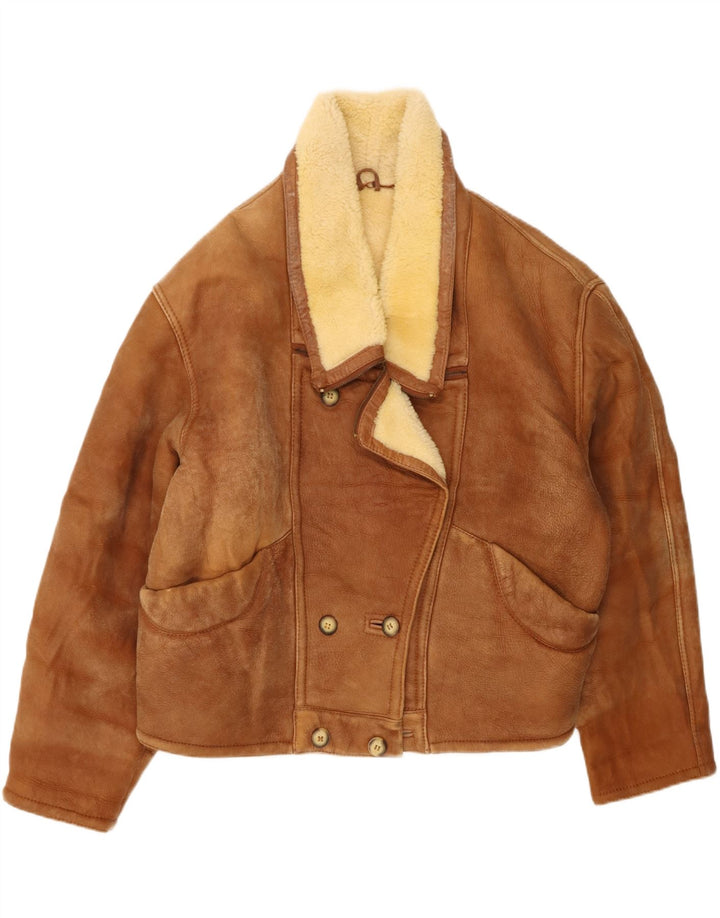 Giacca in shearling doppiopetto da uomo vintage UK 20 2XL Shearling marrone
