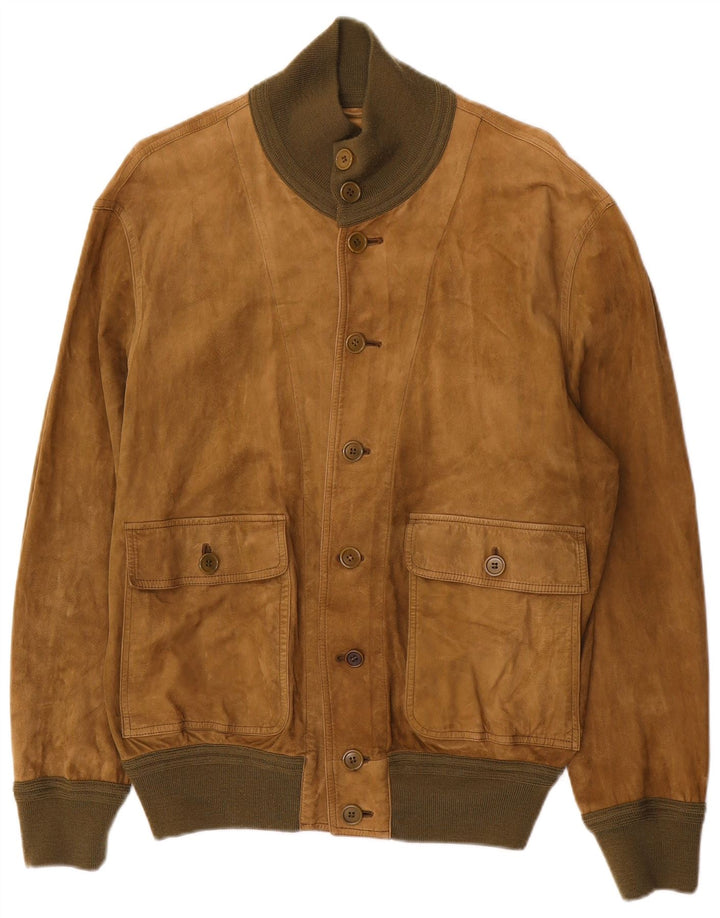 Giubbotto bomber vintage in pelle scamosciata da uomo UK 38 Colorblock marrone medio