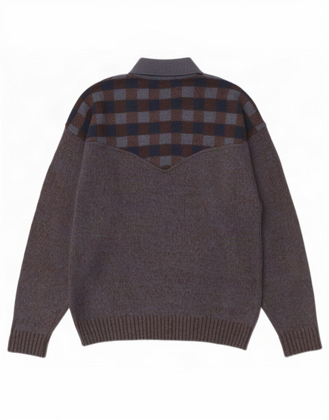 Maglione vintage da uomo con collo a polo, lana a quadri grigi grandi