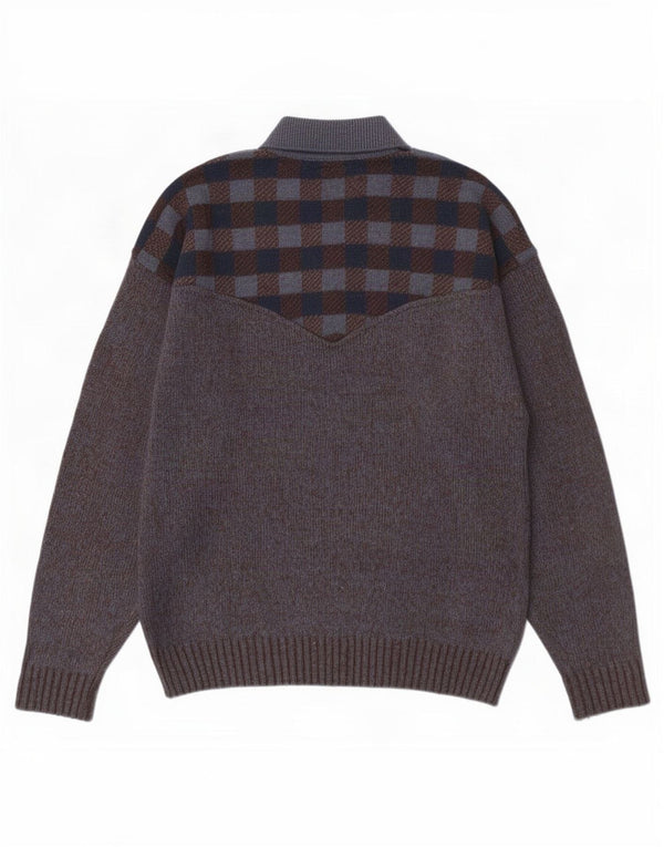 Maglione vintage da uomo con collo a polo, lana a quadri grigi grandi